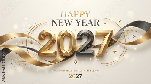 Elegant new year 2027 celebration graphic featuring metallic gold foil numbers and decorative ribbons with festive sparkles and stars for luxury branding and social media templates