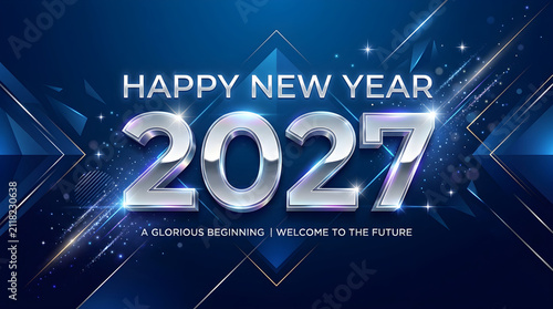 Futuristic new year 2027 celebration graphic with glowing geometric shapes and starry cosmic background for digital marketing for promotional marketing and web design