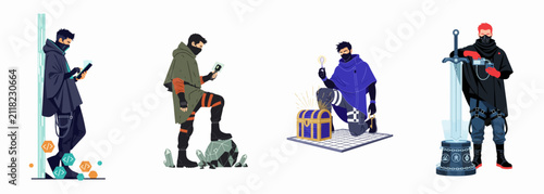 Принти на полотні Set of four futuristic character illustrations featuring techwear fashion, digital tools, and fantasy elements in a cyberpunk-inspired style