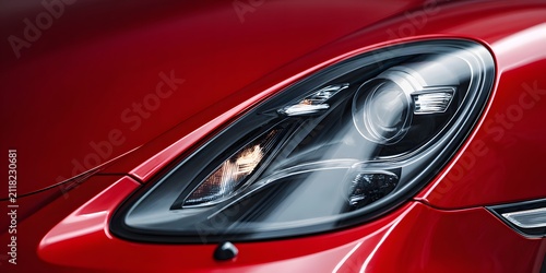 Closeup of a modern red car headlight featuring intricate led lighting elements and sleek design details.