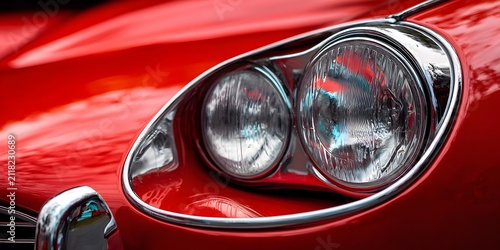 A closeup view shows the glossy red paint and dual chromerimmed headlights of a classic automobile front end.