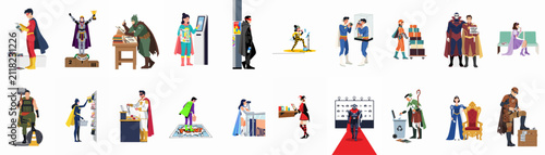 Obraz na płótnie Vector Illustration Set of People in Various Cosplay Costumes Participating in a