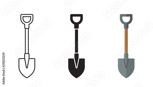 Three simple shovel and spade garden tools icon set in minimalist style