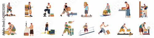 Konstfotografi Set of flat illustrations of dockworkers and farm hands harvesting, sorting, weighing, and transporting various fresh fruits in a warehouse or port setting