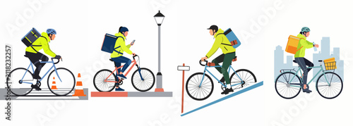 Set of diverse bike couriers delivering packages in the city, using bicycles and smartphones, featuring male and female workers in flat vector illustration style.