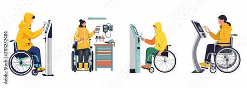 Set of illustrations showing people in wheelchairs using various self-service kiosks, terminals, and workstations, highlighting accessibility and inclusion.