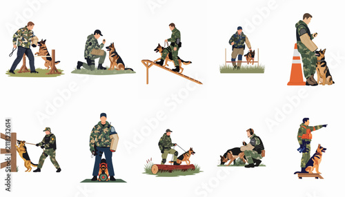 Set of vector illustrations showing German Shepherd K9 police and military dog training exercises with professional handlers in camouflage uniforms.