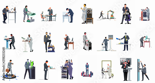 Принти на полотні Collection of various business illustrations showing businessmen and scientists playing chess against robots and artificial intelligence systems to represent strategy and innovation