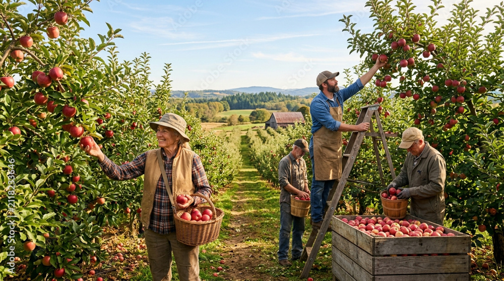 Fototapeta premium Apple Orchard Harvest: Farmers picking ripe red apples in a rural landscape.