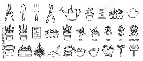 Fotografie Gardening Tools and Plants Hand Drawn Icons Set