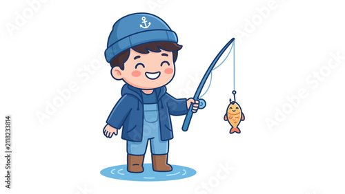 Little Fisherman's Delight: A cheerful young boy in a blue hat and jacket proudly holds his fishing rod, having successfully caught a small, smiling fish. He stands in shallow water.