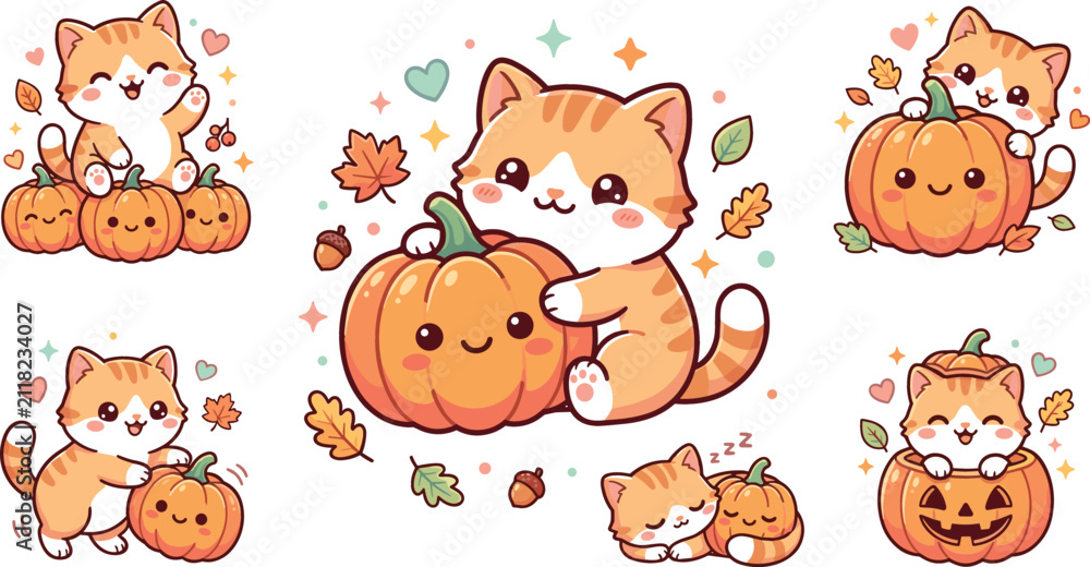 Fototapeta premium Cute Autumn Kitten and Pumpkin Vector Icon Set Featuring Whimsical Orange Cats, Fall Leaves, and Jack-o-Lantern Characters for Seasonal Scrapbooking and Halloween Graphic Designs