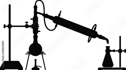 Картината върху платно Black silhouette of a chemistry laboratory distillation apparatus setup for scie