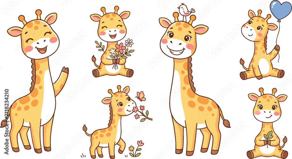 Obraz premium Cute Baby Giraffe Cartoon Character Vector Illustration Set with Happy Jungle Animals Holding Flowers Balloon Bird and Butterfly for Nursery Decor