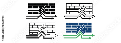 Принти на полотні Set of Icons Showing Arrow Crashing Into Brick Wall and Bypassing Obstacle Path