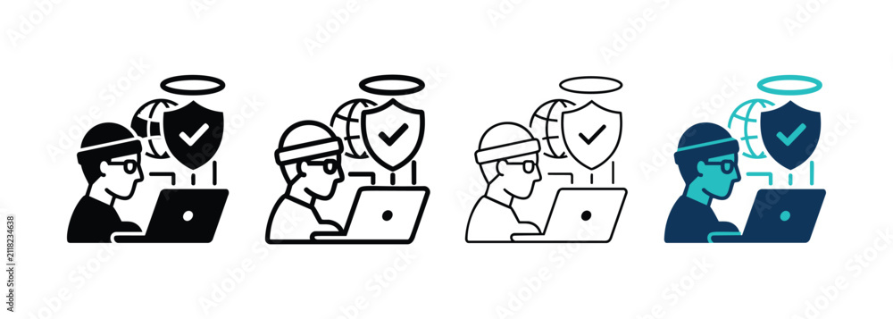 Fototapeta premium Cyber Security Expert Working on Laptop with Global Data Protection Shield Icon Set Design