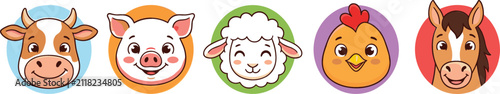 Cute Farm Animal Face Badge Vector Icon Set Featuring Friendly Cartoon Cow, Pig, Sheep, Chicken, and Horse Characters for Kids Educational Games and Nursery Decor Designs