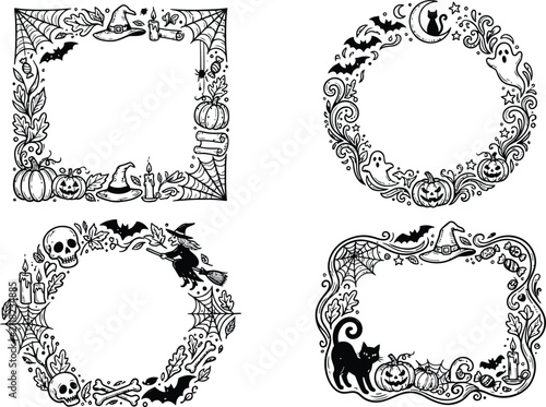 Set of decorative frames for happy halloween typography designs featuring spooky elements like bats cats pumpkins and ghosts in black ink style