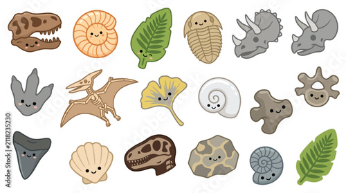 Collection of cute cartoon fossils and prehistoric creatures, including dinosaurs, ammonites, trilobites, and plant imprints.