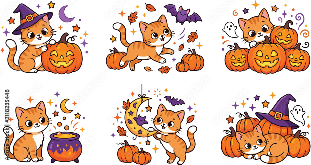 Obraz premium Cute Halloween Kitten Vector Icon Set Featuring Whimsical Orange Cats with Witch Hats, Spooky Pumpkins, Cauldron, Bats, and Ghosts for Festive Autumn Clip Art Designs
