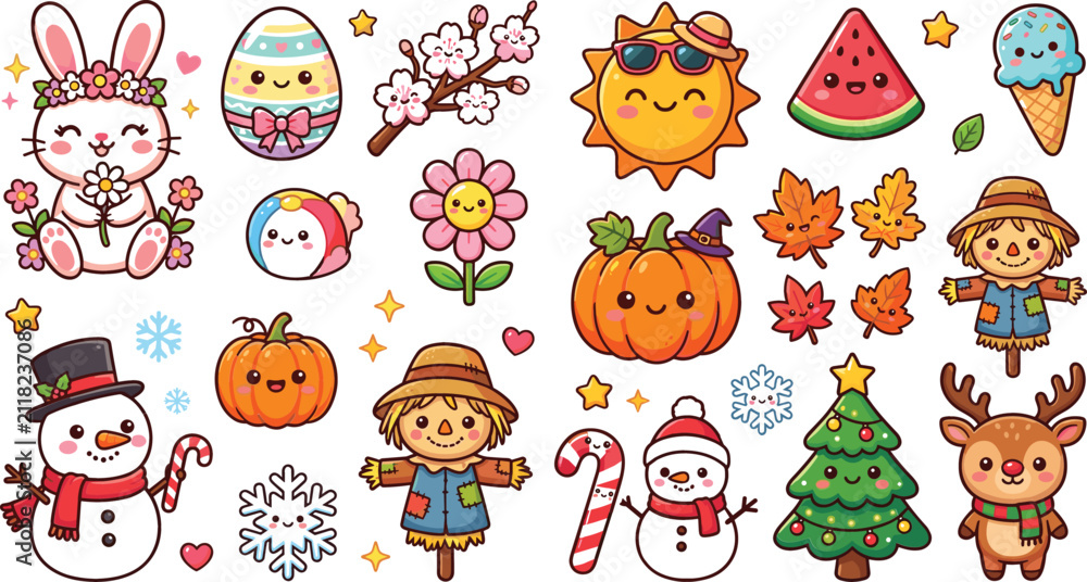 Obraz premium Cute Kawaii Four Seasons Sticker Vector Set with Spring Bunny Summer Sun Autumn Pumpkin and Winter Snowman Characters for Holiday Calendars and Kids Decorative Graphic Designs