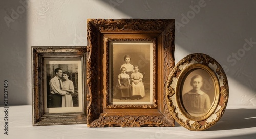 Vintage framed photos and plaque display