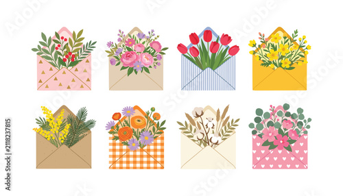 Beautiful open envelopes filled with blooming spring flowers bouquets floral greeting cards vector illustration isolated on white background