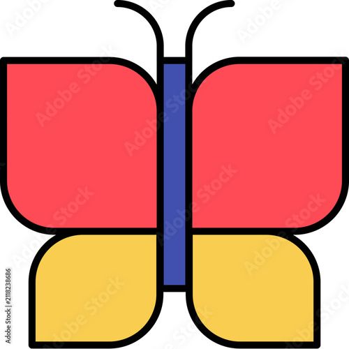 Colorful butterfly icon with red and yellow wings and blue body, flat vector illustration