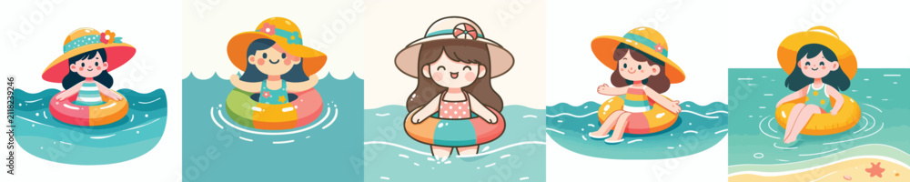 Naklejka premium Flat vector illustration of a happy little girl swimming at the beach in summer