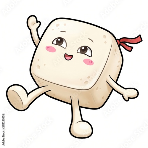 Joyful tofu mascot wearing a red headband, captured mid stride with raised hand and bright expressive eyes, a lively cartoon food hero celebrating soy cuisine, wellness and plant based meal culture