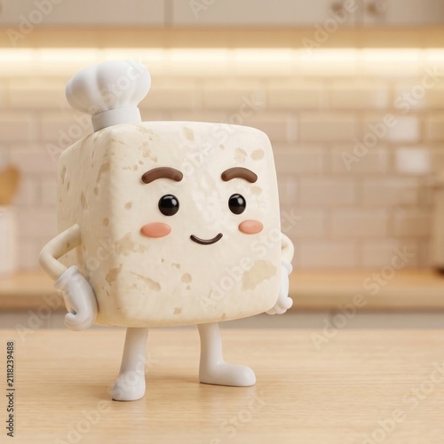 Smiling tofu chef mascot standing proudly in a warm modern kitchen, soft 3D character with white hat and gloves promoting soy cuisine, plant protein cooking and a joyful food celebration concept