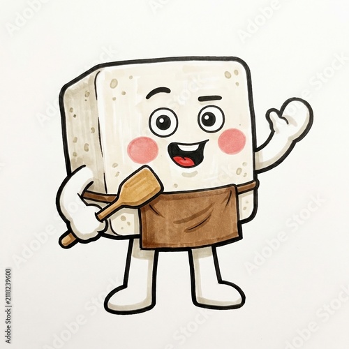 Happy tofu cook mascot holding a wooden spoon, hand drawn marker illustration with brown apron, waving pose and rosy cheeks on white for cheerful soy cuisine events and plant based menu promotion