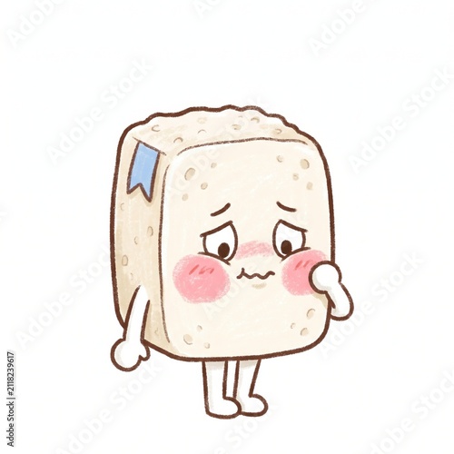 Shy tofu mascot touching rosy cheek, softly textured crayon illustration with tiny legs and a blue side ribbon on white, expressing sweet emotion for soy food festivities and wholesome menu design