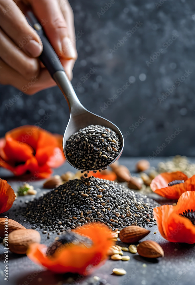 Obraz premium Hand pouring chia seeds from a spoon onto a pile with almonds and poppy flowers, healthy eating and superfood concept, the ingredients are commonly used in cooking and baking for their high fiber