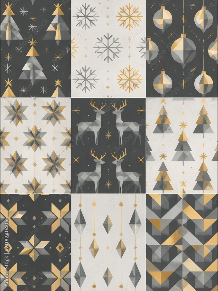 Nordic Geometric Christmas Patchwork Seamless Pattern. Seamless Nordic Christmas patchwork pattern featuring geometric designs in a grayscale palette with gold accents. 