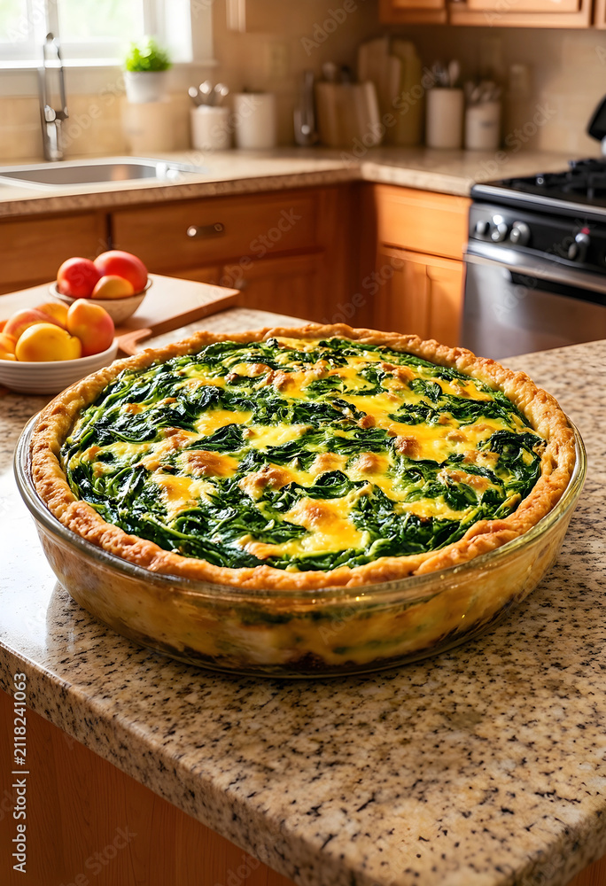 Obraz premium Freshly baked spinach quiche in a glass pie dish on a granite kitchen counter with fruit in the background, a bowl of fresh fruit is visible in the soft focus background
