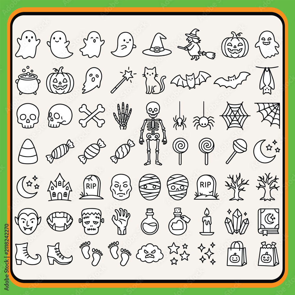 Fototapeta premium Halloween-themed icons set featuring ghosts, pumpkins, witches, skeletons, and spooky symbols in black and white