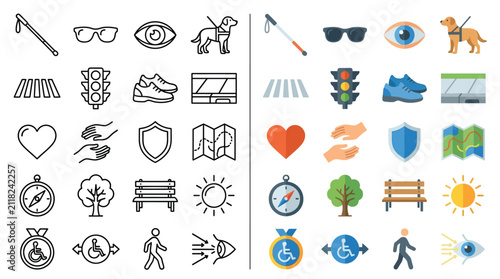 Set of icons representing accessibility and support for visually impaired people, including a guide dog, cane, and braille.