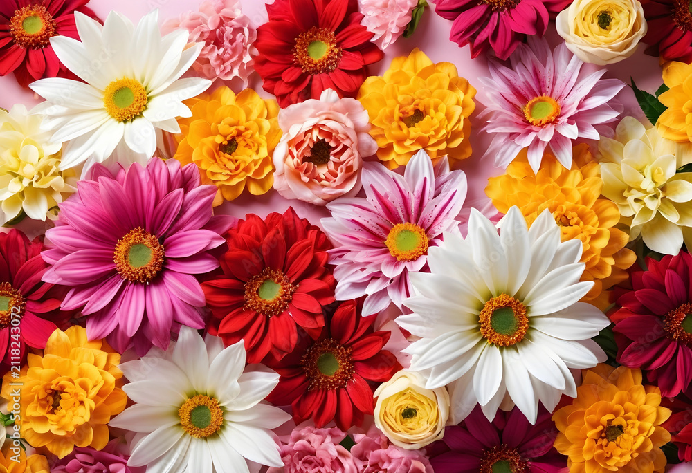 Fototapeta premium Assortment of colorful spring and summer flowers in full bloom, a vibrant floral background for celebration and nature concepts