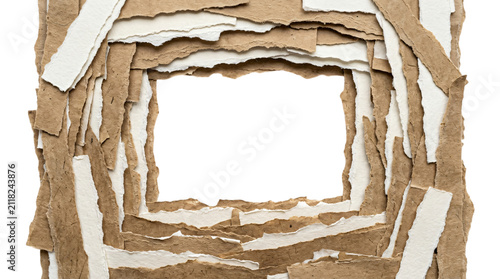 Torn cardboard frame with ragged paper edges, layered brown kraft paper border, rustic recycled material frame for creative collage and scrapbooking