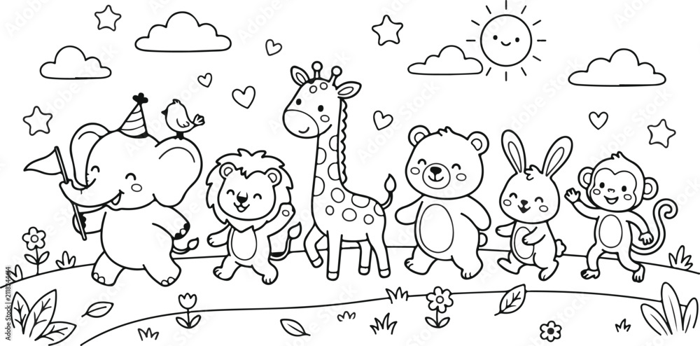 Fototapeta premium Cute animals parade coloring page for kids