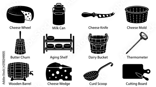 Collection of dairy farming and cheese making equipment icons including cheese wheel, milk can, churn, aging shelf, and thermometer PNG Isolated on transparent background