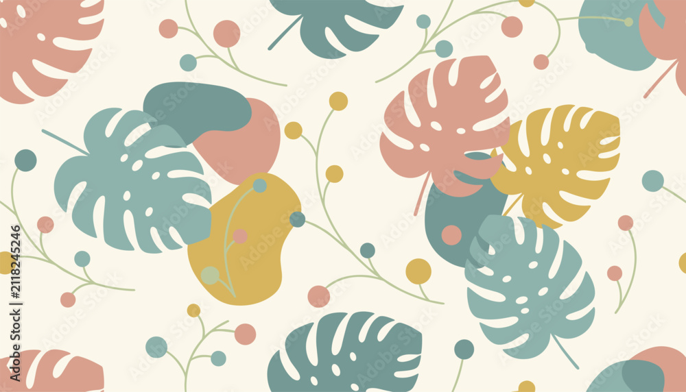 Obraz premium Aesthetic seamless background pattern of pastel monstera leaves and abstract organic shapes on light cream.