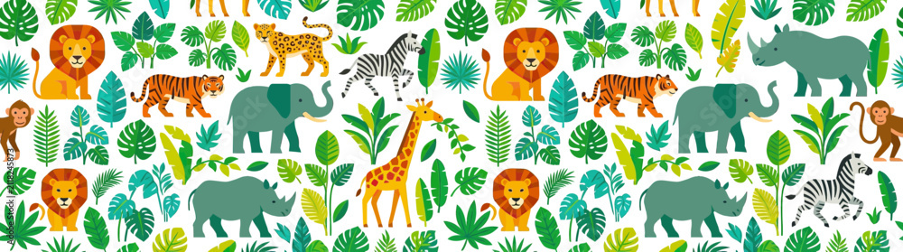 Obraz premium Cute Cartoon Jungle Animals and Tropical Leaves Pattern