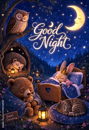 Cute forest animals sleeping peacefully under a starry night sky with moon and lanterns