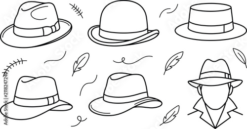 Canvastavla Classic men hats vector line icon set featuring fedora bowler boater detective m