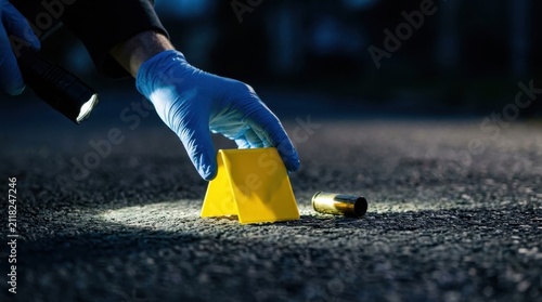 Crime scene investigator collecting evidence with flashlight and marker on street at night