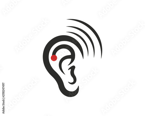 Stylized human ear icon with sound waves and a red dot