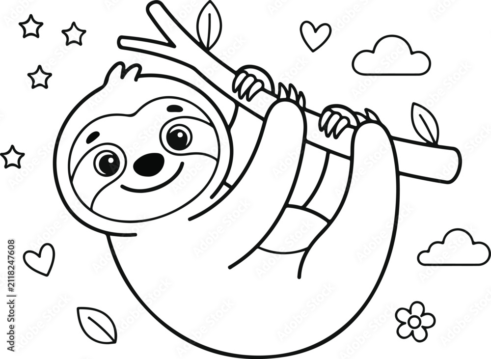 Fototapeta premium Cute sloth hanging on a tree branch, coloring page for kids