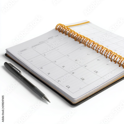 Open Agenda and Pen: A close-up shot of an open spiral-bound agenda book with a pen resting beside it, ready for appointments and notes.